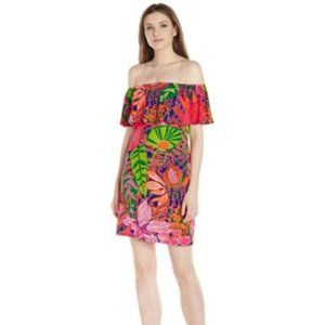 Trina Turk Merci Floral Dress Mini Ruffled Off Shoulder Sleeveless Jersey